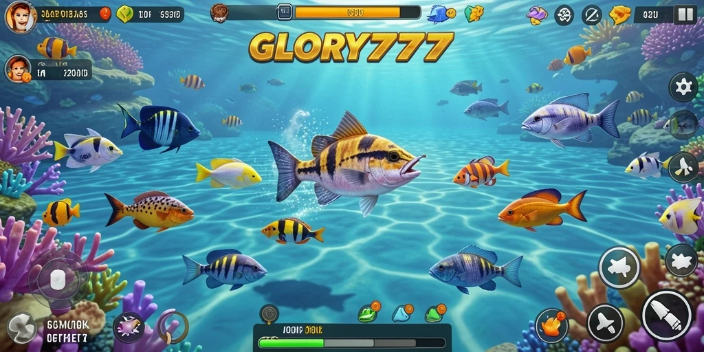 Tampilan gameplay menarik dari GLORY777 dengan efek visual Tembak Ikan.