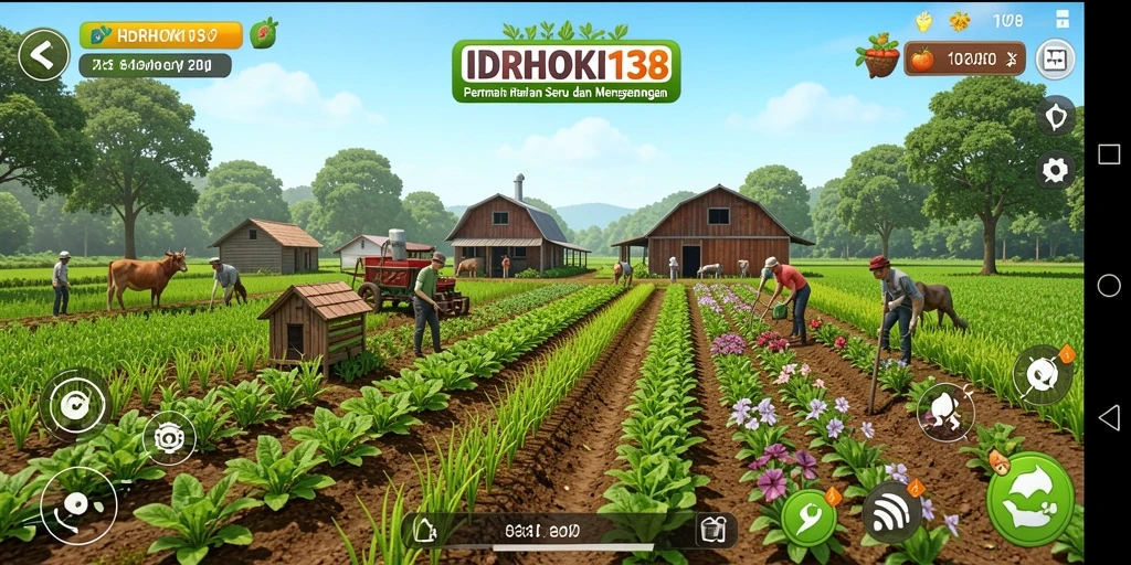 Screenshot menampilkan gameplay seru di IDRHOKI138 dengan pertanian subur.