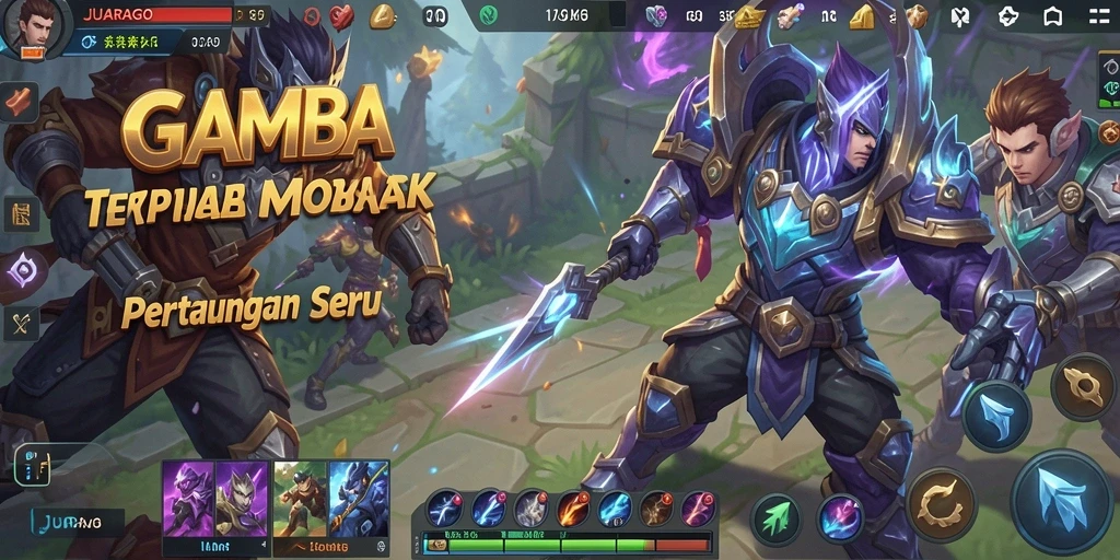 Screenshot gameplay JUARAGO yang menunjukkan pertempuran intens di arena MOBA.