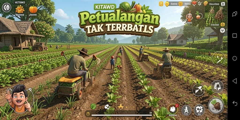 Screenshot utama KITAWD menampilkan ladang hijau yang subur dan aktivitas bertani.