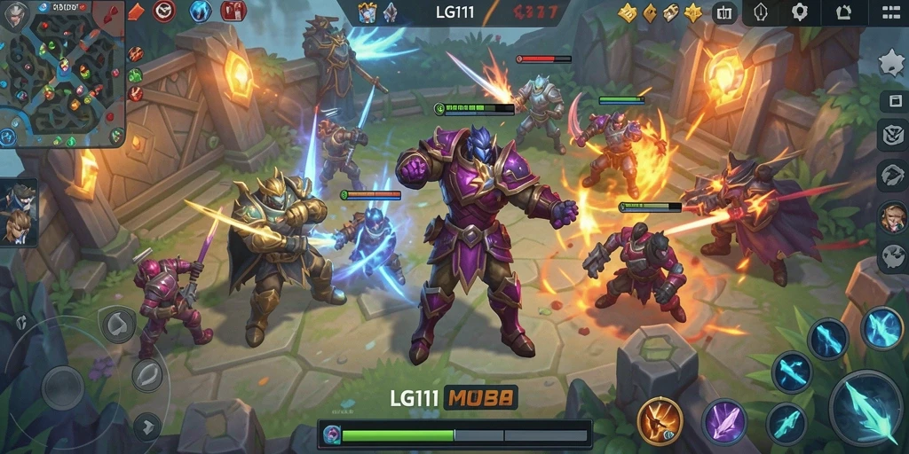 Tampilan gameplay seru di LG111 dengan aksi pertempuran MOBA yang mendebarkan.