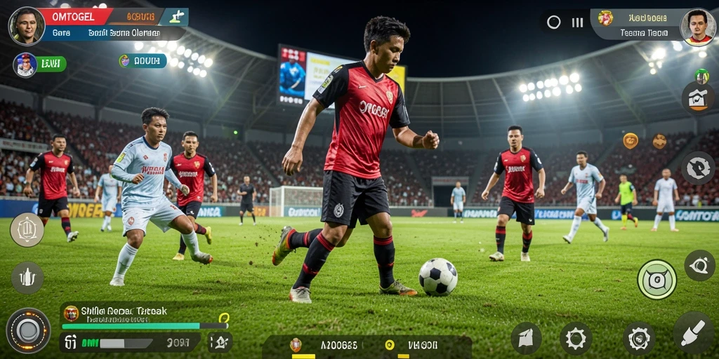 Screenshot gameplay OMTOGEL menampilkan aksi seru permainan sepak bola.