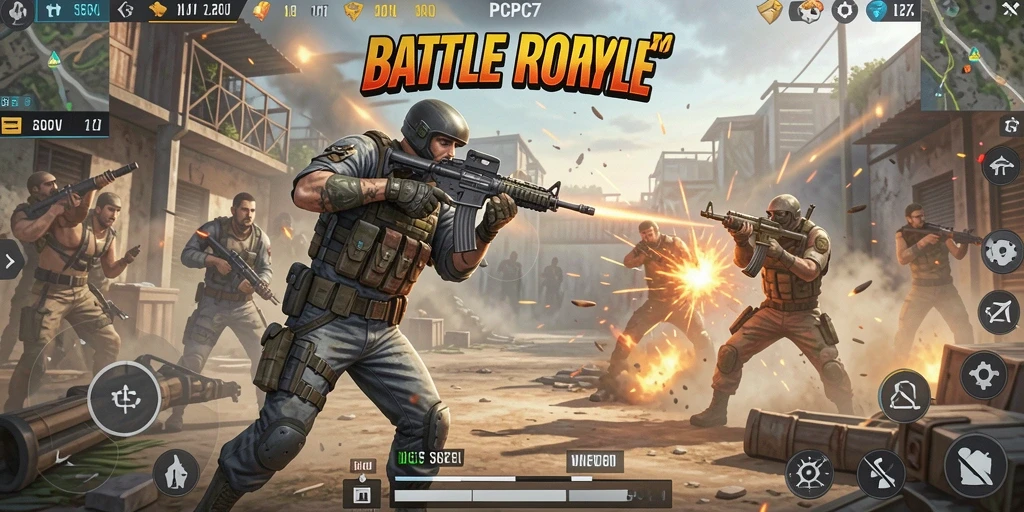 Gambar menunjukkan aksi intens di arena Battle Royale.
