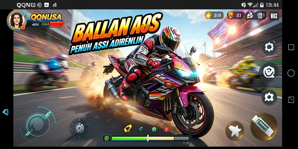 Tampilan gameplay seru dalam QQNUSA dengan berbagai motor balap.