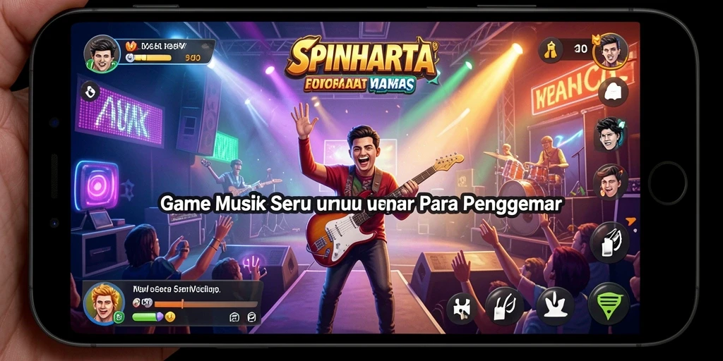 Tangkapan layar menunjukkan gameplay seru SPINHARTA dengan irama musik.